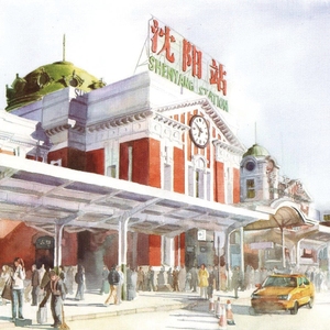 手绘沈阳明信片中山路第一册城市建筑风景水彩画旅游纪念品
