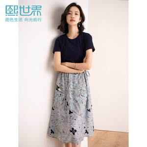 熙世界旗舰店官方正品女装2020春夏季新款短袖连衣裙子棉麻假两件