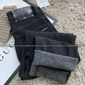 代嘉儿80885加绒牛仔裤女烟管2021冬高腰弹性显瘦九分小直筒黑灰