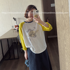 MissMrs韩国正品2024新款时髦拼色显瘦插肩袖卡通兔棉质长袖T恤