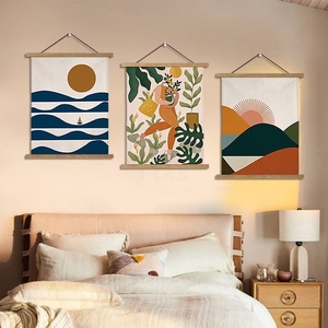 餐厅复古古典棉麻布艺挂画中国风沙发背景墙上装饰挂布画小灵菇凉