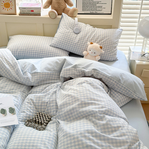 日式简约蓝色格子床上用品四件套床单被套水洗棉宿舍单人床三件套