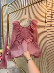 轻奢上衣高级感法式漂亮洋气收腰2023小衫藕粉色荷叶边蕾丝衬衫女