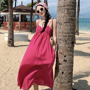 商场cosplay女装玫红色度假风吊带连衣裙泰国三亚海边拍照沙滩长