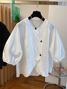 韩国纯棉时尚白色衬衫女夏季新款洋气休闲衬衣宽松显瘦设计感上衣