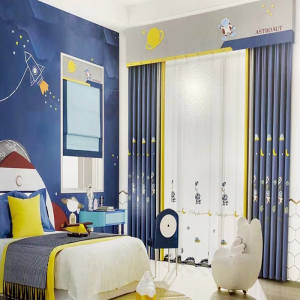 蓝色太空宇航员绣花棉麻儿童房窗帘现代简约男孩卧室飘窗落地布纱