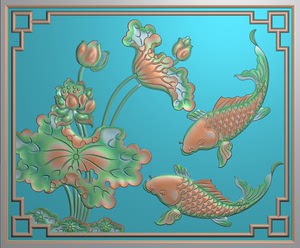 荷花鱼门板精雕图