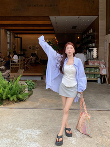 kumikumi休闲套装吊带小背心女条纹衬衫外套夏季包臀半身裙三件套