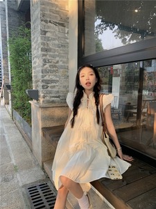 kumikumi甜美风立领飞飞袖连衣裙女装夏季设计感减龄公主裙A字裙