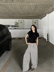 kumikumi休闲套装黑色正肩短袖T恤女夏季竖条纹拖地阔腿裤两件套