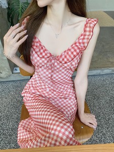 kumikumi甜辣妹红色格纹吊带裙女装夏季复古气质修身鱼尾裙连衣裙