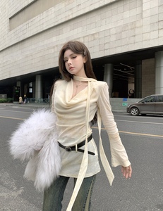 kumikumi小众设计感绑带V领雪纺衬衫女装春季修身中长款别致上衣