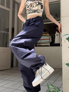 kumikumi美式蓝色宽松阔腿工装休闲裤女装夏季高腰抽绳束脚裤长裙