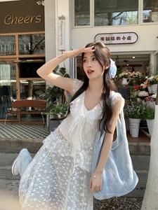 kumikumi白色设计感透视V领蕾丝连衣裙女装夏季叠穿宽松休闲长裙