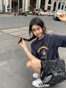 kumikumi趣味滑板猫印花短袖T恤女2024夏季宽松休闲百搭套头上衣