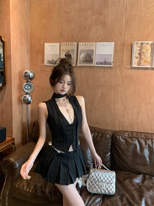 kumikumi辣妹风套装性感蕾丝拼接背心女夏季条纹裙裤半身裙两件套
