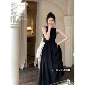 黑色无袖法式复古气质赫本连衣裙女夏季设计感背心小众露背长裙子