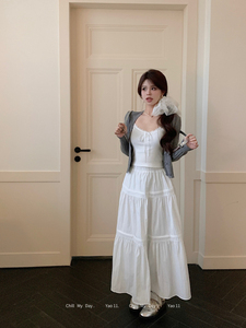 kumikumi套装短款针织开衫女蕾丝边吊带背心春季白色半身裙三件套
