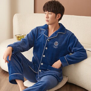 珊瑚绒睡衣男士秋冬季加绒百分百加厚富妮来法兰绒感觉家居服套装