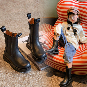 女童马丁靴2022秋季新款小女孩高筒烟筒靴儿童黑色皮靴真皮中筒靴