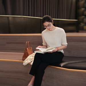 colinwang-张若愚"麻花情怀"100%山羊绒26支纱线短袖t恤开衫女