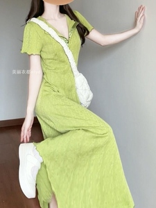 MLYD/定制 大码茶歇法式V领绿色连衣裙女高级感收腰显瘦气质长裙