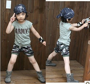 韩国B2帅气男童装army迷彩短袖短T恤上衣短裤套装 童