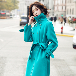 孔雀蓝双面羊绒大衣女中长款2020年新款冬收腰赫本风加厚毛呢外套
