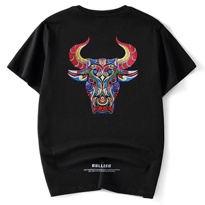 夏季新款国潮牌潮流短袖t恤男纯棉宽松牛刺绣大码中国风体恤衣服