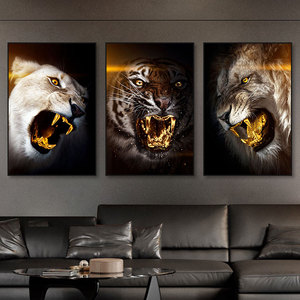 狮子老虎霸气挂画办公室茶室老鹰雄狮装饰画客厅背景墙高级感壁画