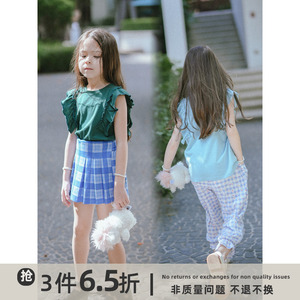 史豌豆童装女童荷叶飞袖小衫2023夏季新款小女孩洋气纯色时髦上衣