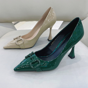 欧洲站女鞋2021秋季新款细跟职业气质浅口单鞋复古绿色尖头高跟鞋