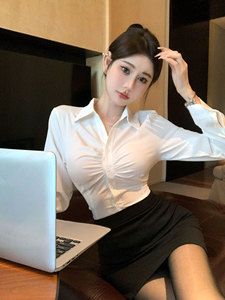 收腰白衬衫职业工作服套装春秋修身性感长袖衬衣设计感秘书OL制服