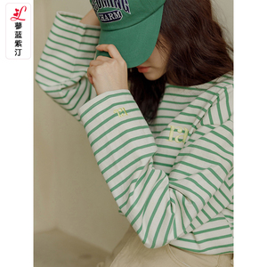 绿色条纹打底衫女长袖2024年春装新款韩版宽松纯棉t恤慵懒风上衣