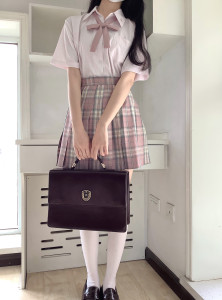 七月半夏原创淡粉色格子JK韩式制服校供感学院风角襟衬衫女夏季