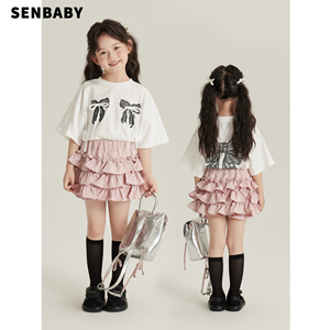 senbaby儿童短袖夏装宝宝韩版童装套装女童洋气蝴蝶结印花宽松T恤
