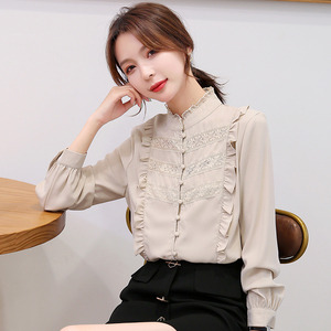 洋气雪纺衬衫女秋冬2020新款木耳边立领女人味上衣韩范蕾丝衬衣潮