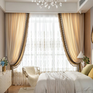 法式轻奢2022新款客厅餐高窗厅卧室窗帘丝绒布蕾丝米色拼接遮光别