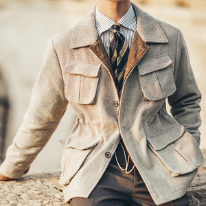 美式复古翻领四袋猎装男磨毛加厚休闲狩猎外套保暖羊毛游猎夹克潮