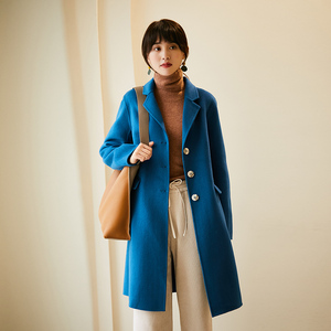 梭家(述说)秋冬新款女手工澳毛大衣孔雀绿中长保暖外套气质