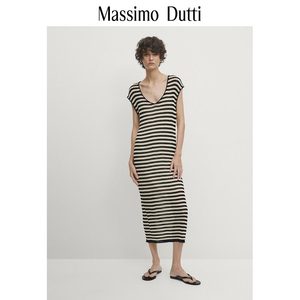 新品特惠MassimoDutti2024夏季女装休闲松弛感条纹轻薄镂空针织V领连衣裙06617102251