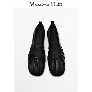 Massimo Dutti女鞋 2024春夏新品 黑色缩褶设计绑带芭蕾鞋 11588350800