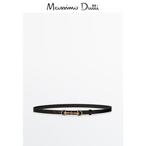 Massimo Dutti 女士配件2024春夏新品复古双长型卡扣设计百搭黑色真皮腰带 06158671800