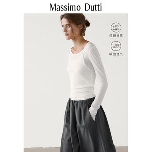 秋冬新款 Massimo Dutti 2024女装休闲风白色纯棉内搭打底双层长袖针织T恤06213755251