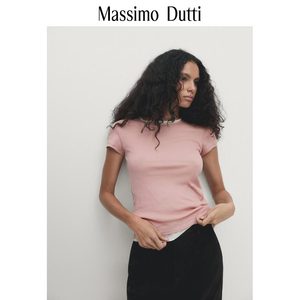 春夏新品MassimoDutti2024女装淑女粉色气质修身款亲肤纯棉罗纹圆领短袖T恤06204511622