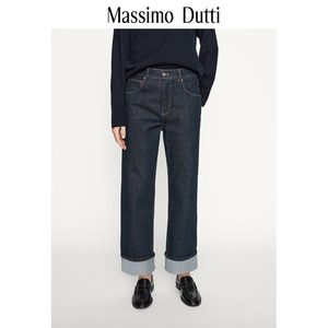 秋冬新款 MassimoDutti2024女装休闲风clean fit直筒版褪色高腰翻边牛仔裤 05029929407