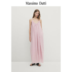 春夏新品 MassimoDutti2024女装法式休闲浪漫度假风粉色缩褶V领吊带连衣裙 06678102902