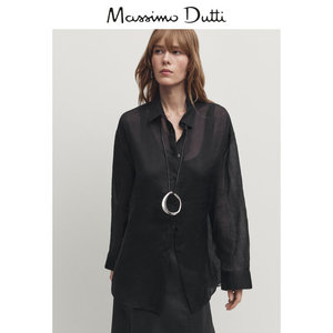 春夏新品MassimoDutti2024女装法式气质通勤风优雅黑色薄透纯苎麻长袖衬衫 05139942800