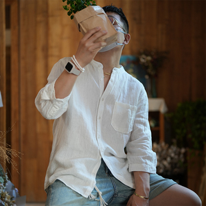 夏季复古扎染七分袖亚麻衬衫男装日系设计感立领衬衣休闲纯色上衣