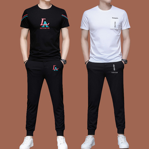 男士运动套装夏季冰丝潮流薄款品牌休闲短袖t恤两件套男装半袖t恤